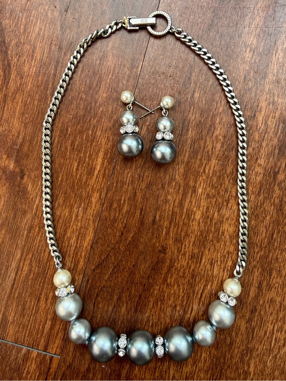 Givenchy Vintage Pearl/Crystal Necklace & Earrings Set - Blue/Silver